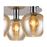 Close-up of the Lori 3 Light E27 flush ceiling light, showing amber glass shades and polished chrome fittings with visible filament bulbs.