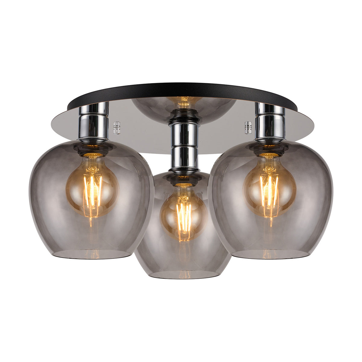 Lori 3 Light E27 flush ceiling light, 40cm, with three smoke glass wine-glass shaped shades on a round polished chrome plate, shown on a white background.