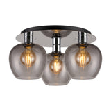 Lori 3 Light E27 flush ceiling light, 40cm, with three smoke glass wine-glass shaped shades on a round polished chrome plate, shown on a white background.