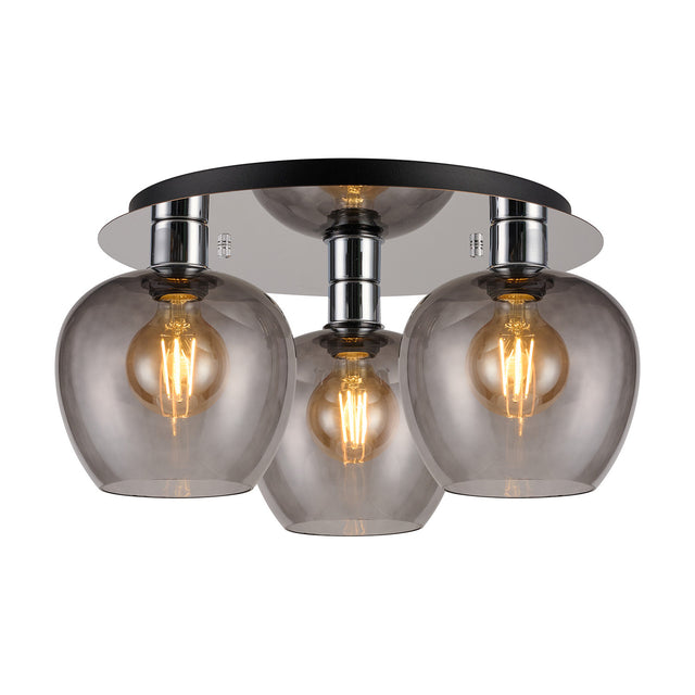 Lori 3 Light E27 flush ceiling light, 40cm, with three smoke glass wine-glass shaped shades on a round polished chrome plate, shown on a white background.