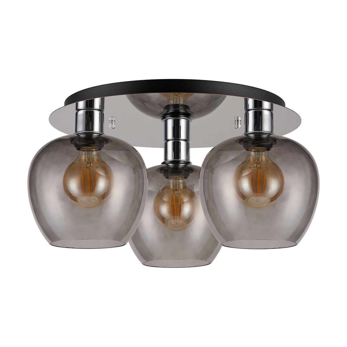 Lori 3 Light E27 flush ceiling light, 40cm round polished chrome plate with three smoke glass wine-glass shaped shades and visible filament bulbs, on a plain white background.