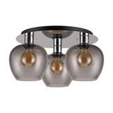 Lori 3 Light E27 flush ceiling light, 40cm round polished chrome plate with three smoke glass wine-glass shaped shades and visible filament bulbs, on a plain white background.