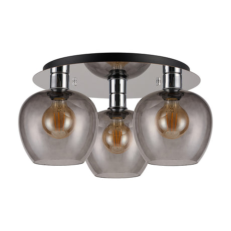 Lori 3 Light E27 Flush Ceiling Light 40cm Smoke - Polished Chrome