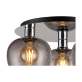 Close-up of the Lori 3 Light E27 flush ceiling light, showing polished chrome fittings, smoke glass globe shades, and a black round ceiling plate on a white background.