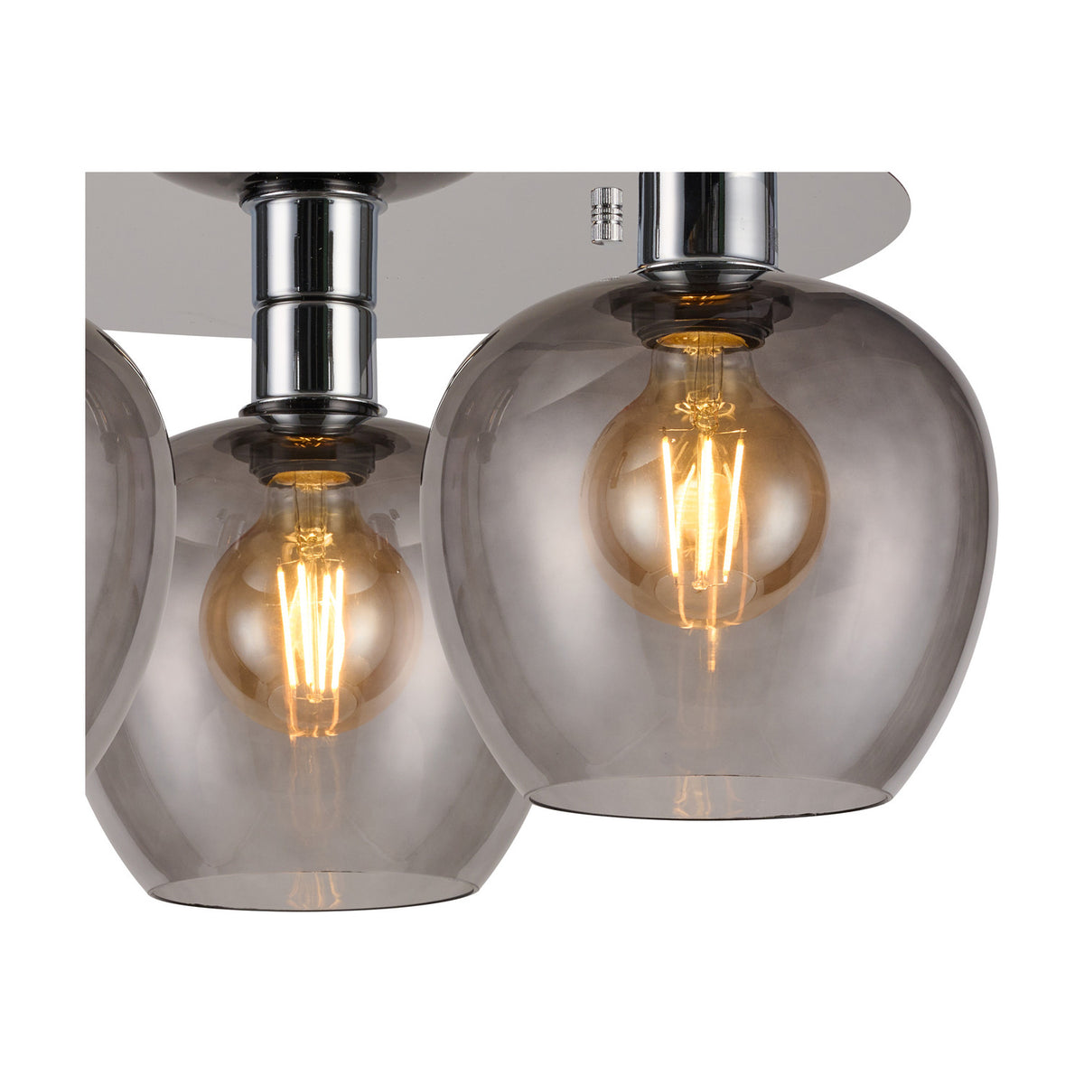 Close-up of the Lori 3 Light E27 Flush Ceiling Light in polished chrome, showing smoke glass wine-glass-shaped shades with visible filament bulbs against a white background.