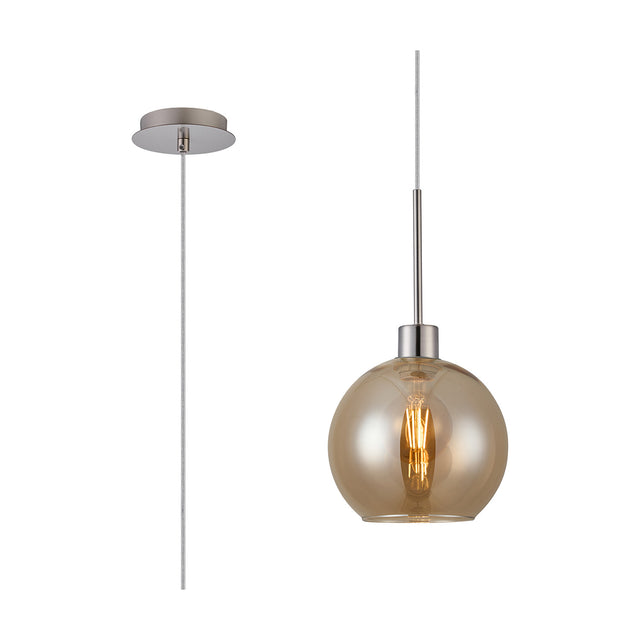 E27 pendant light with 12cm amber glass globe shade and satin nickel suspension, shown with ceiling mount and cable on a white background.