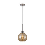 E27 pendant light with a 12cm round amber glass globe shade and satin nickel cord suspension, shown lit with visible filament bulb on a white background.