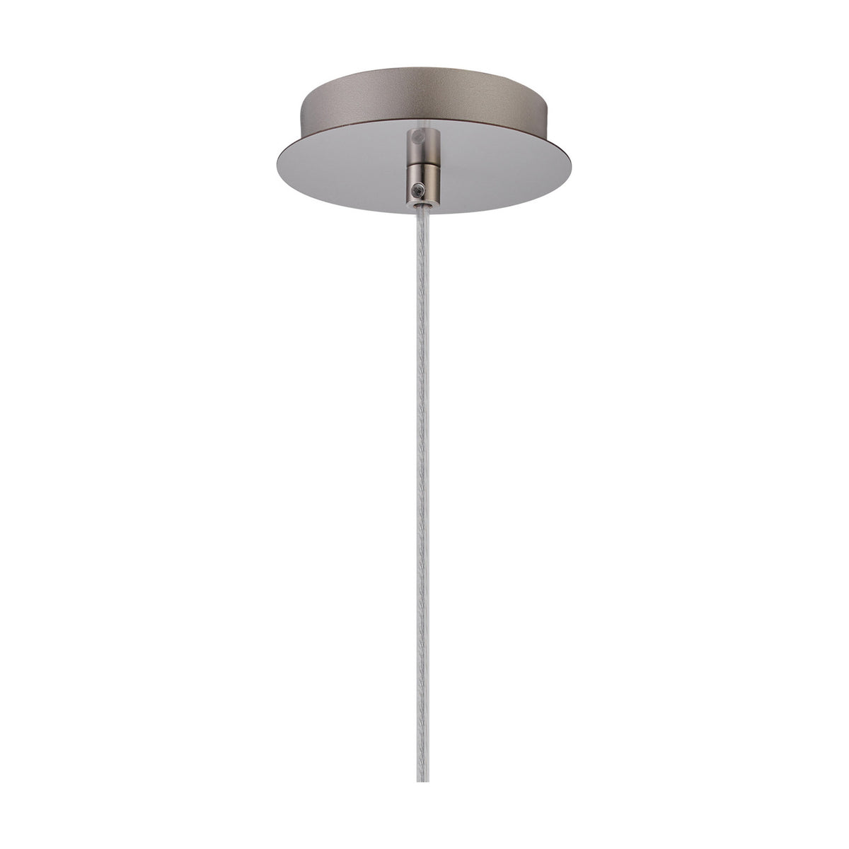 Satin nickel ceiling canopy with E27 pendant suspension and braided cable, shown on a plain white background ahead of the amber glass shade.