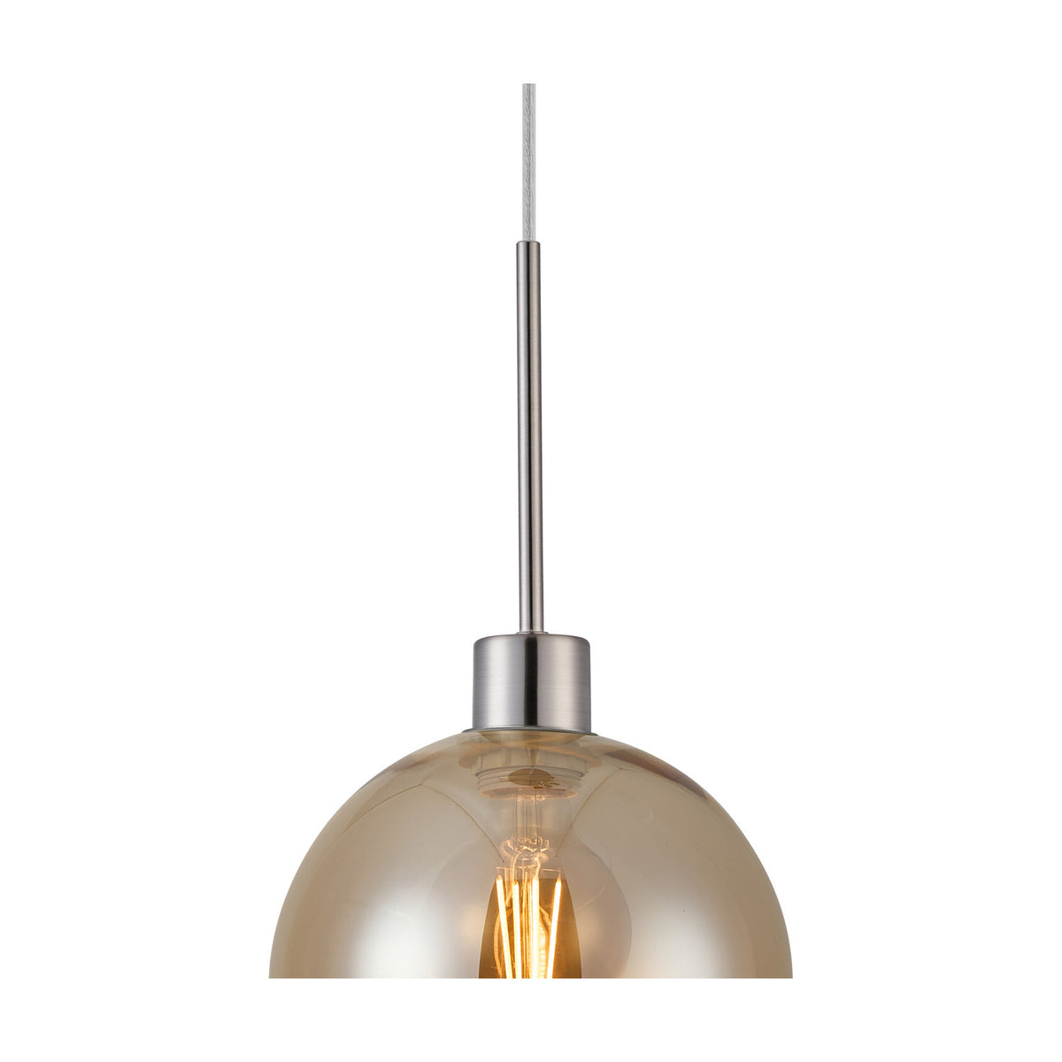 E27 pendant light with a 12cm amber glass globe shade on a slim satin nickel suspension, showing a visible filament bulb, on a plain white background.