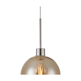 E27 pendant light with a 12cm amber glass globe shade on a slim satin nickel suspension, showing a visible filament bulb, on a plain white background.