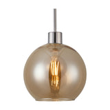 E27 pendant light with a 12cm amber glass globe shade and satin nickel suspension rod, shown with visible filament bulb on a plain white background.