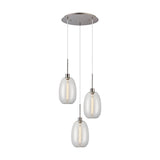 Lori 3 Light Trapezium Clear Pendant Light 40cm in satin nickel, with three staggered clear glass shades on cables from a round ceiling plate, shown on a plain white background.