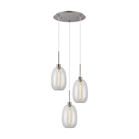 Lori 3 Light Trapezium Clear Pendant Light 40cm in satin nickel, with three staggered clear glass shades on cables from a round ceiling plate, shown on a plain white background.