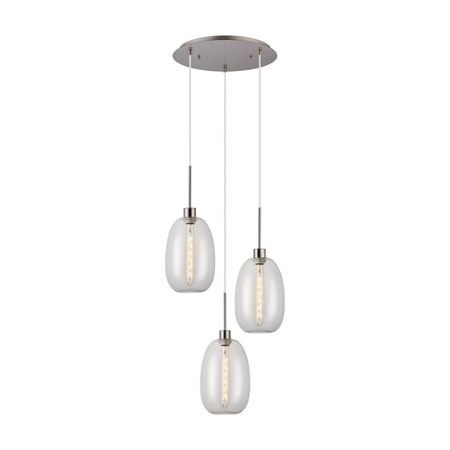 Lori 3 Light Trapezium Clear Pendant Light 40cm in satin nickel, with three staggered clear glass shades on cables from a round ceiling plate, shown on a plain white background.