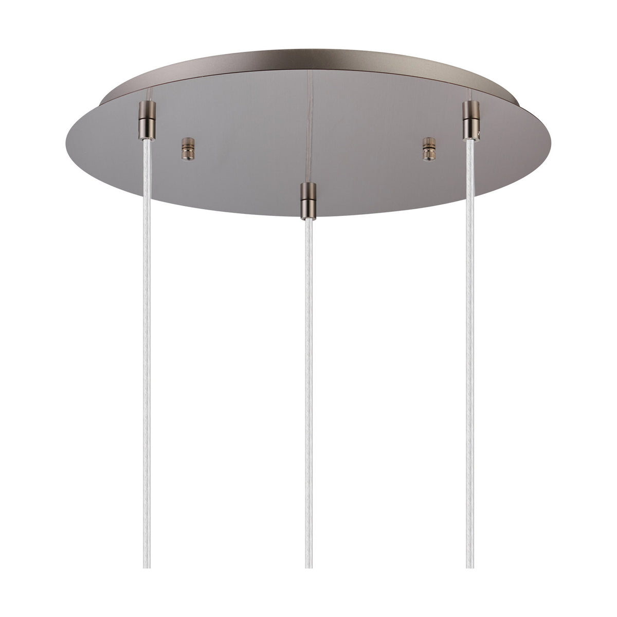 Lori 3 Light Trapezium Clear Pendant Light 40cm in satin nickel, showing the round ceiling plate with three cables and connectors on a plain white background.