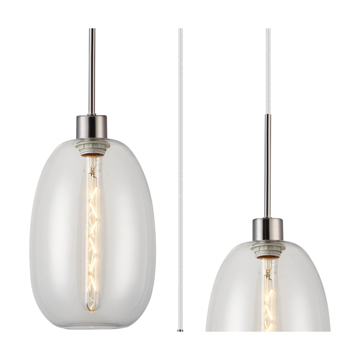 Lori pendant light detail showing a clear elongated glass shade with satin nickel fitter and cable, plus a close-up of the plain suspension cord, on a white background.