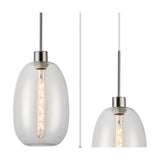 Lori pendant light detail showing a clear elongated glass shade with satin nickel fitter and cable, plus a close-up of the plain suspension cord, on a white background.