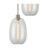 Lori pendant light close-up showing a clear trapezium glass shade with satin nickel fitter and visible bulb, on a plain white background.