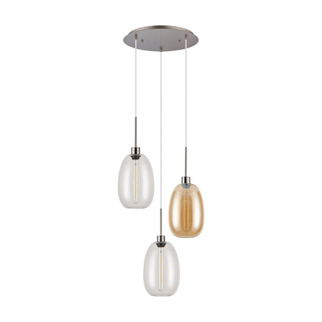 3 Light E27 Round Pendant Light 40cm Glass - Satin Nickel