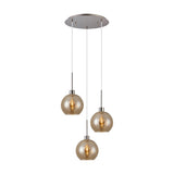 3 Light E27 round amber glass pendant light, 40cm satin nickel ceiling plate with three globe shades at staggered heights, on a plain white background.
