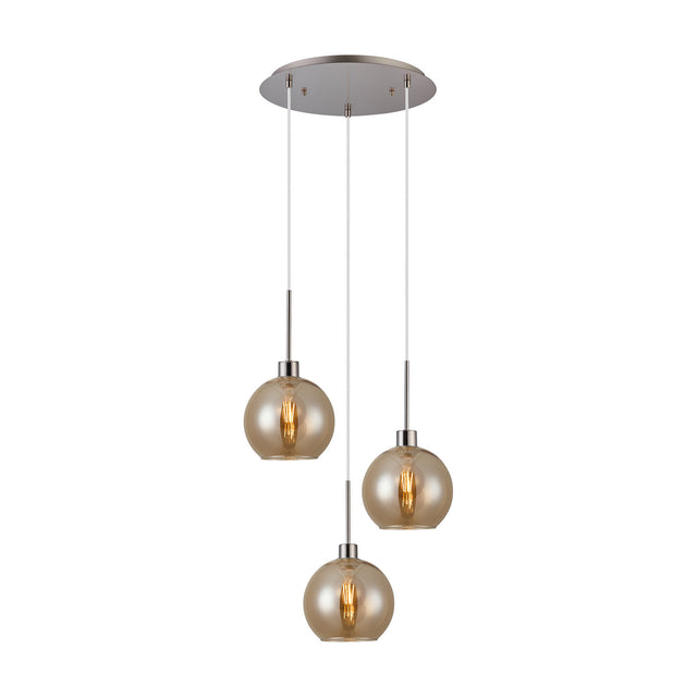 3 Light E27 round amber glass pendant light, 40cm satin nickel ceiling plate with three globe shades at staggered heights, on a plain white background.