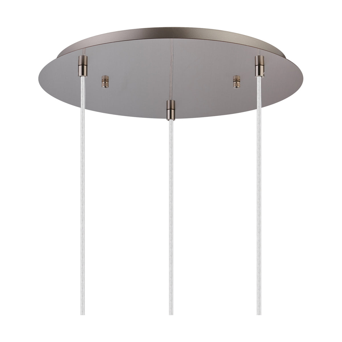 Round satin nickel ceiling plate for a 3-light E27 pendant, with three cable suspensions hanging down against a plain white background.