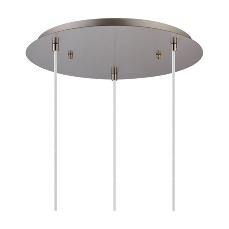 Round satin nickel ceiling plate for a 3-light E27 pendant, with three cable suspensions hanging down against a plain white background.