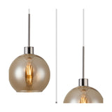 Round amber glass globe pendant light with satin nickel fitting and E27 bulb, shown lit against a plain white background with cord detail.