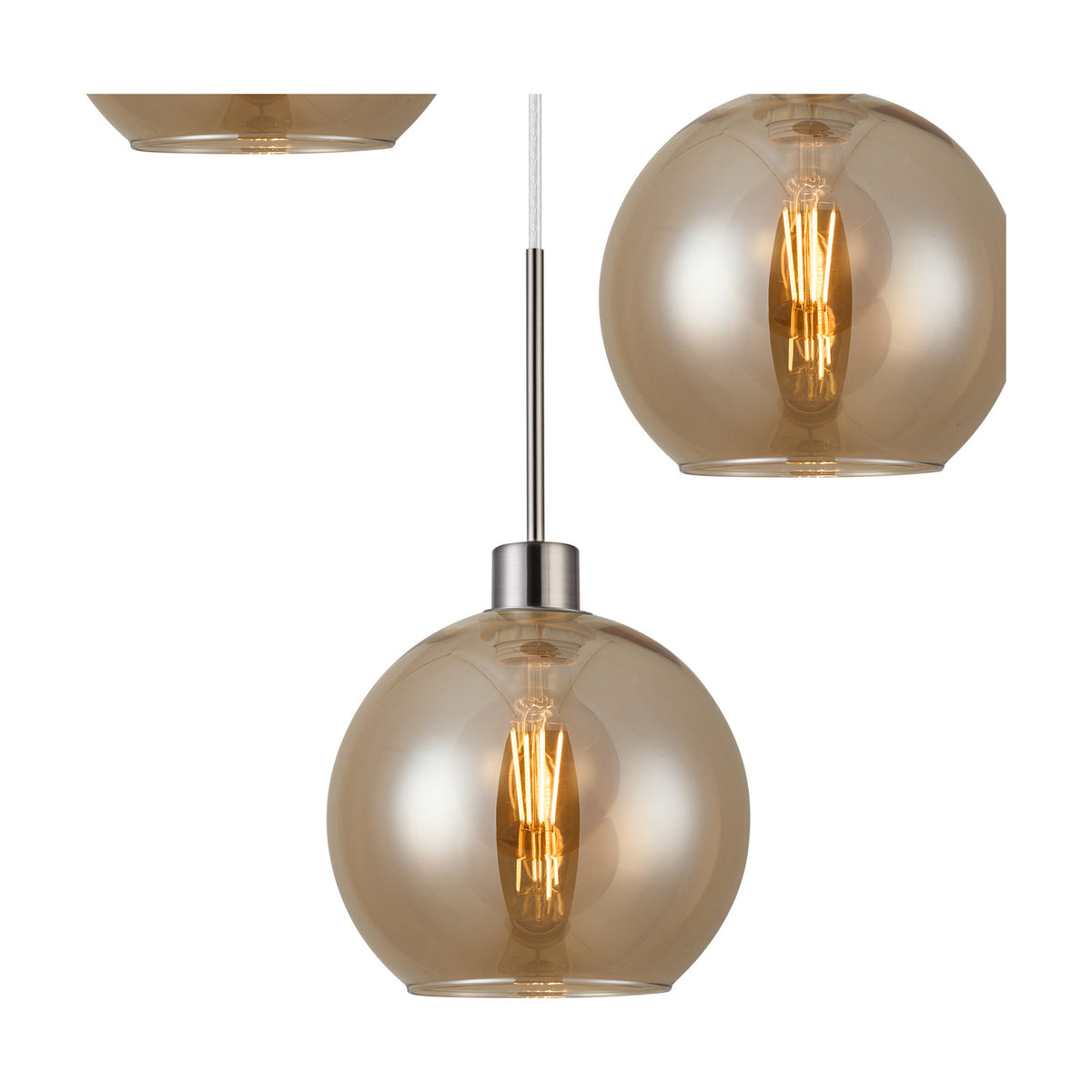 Round amber glass pendant light with satin nickel fitting and visible E27 bulb, shown in detail views including base plate on a white background.