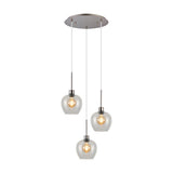 Lori 3 Light Clear Wine Glass Pendant Light with satin nickel round ceiling plate, three tapered clear glass shades on cords, shown on a white background.