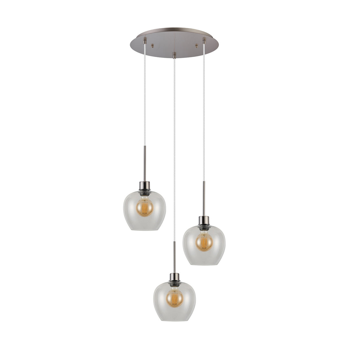 Lori 3 Light Clear Wine Glass Pendant Light with satin nickel round ceiling plate and staggered cords, each glass shade holding an exposed E27 bulb, on a plain white background.