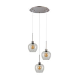 Lori 3 Light Clear Wine Glass Pendant Light with satin nickel round ceiling plate and staggered cords, each glass shade holding an exposed E27 bulb, on a plain white background.