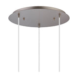 Lori 3 Light Pendant ceiling plate in satin nickel, 40cm round, with three cable drops and E27 lampholders, shown on a plain white background.