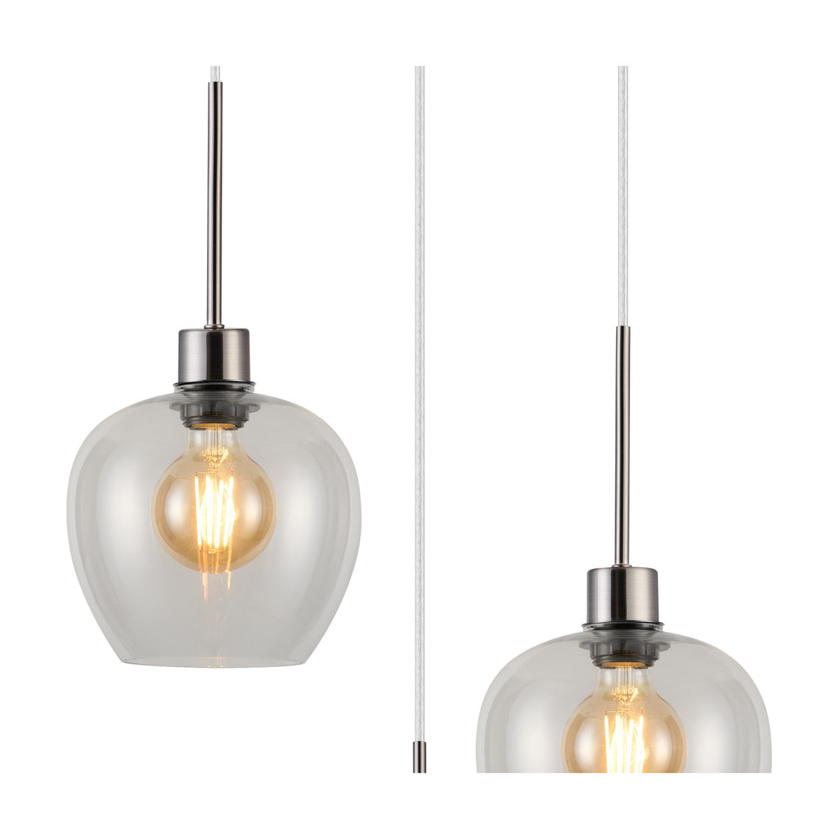 Lori pendant light close-up showing a clear wine-glass shaped glass shade with amber bulb, satin nickel fitting and cord, on a plain white background.