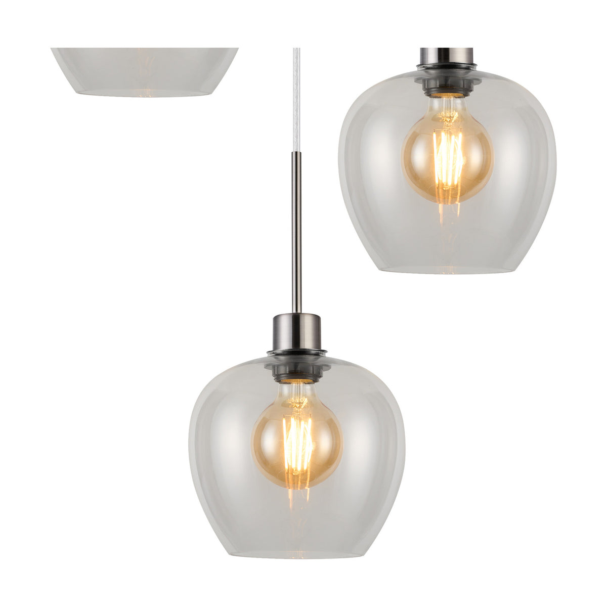 Lori pendant light with clear wine-glass-shaped glass shades, satin nickel fittings and cable, each fitted with an amber-glow E27 bulb, shown against a white background.