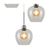 Lori pendant light with clear wine-glass-shaped glass shades, satin nickel fittings and cable, each fitted with an amber-glow E27 bulb, shown against a white background.