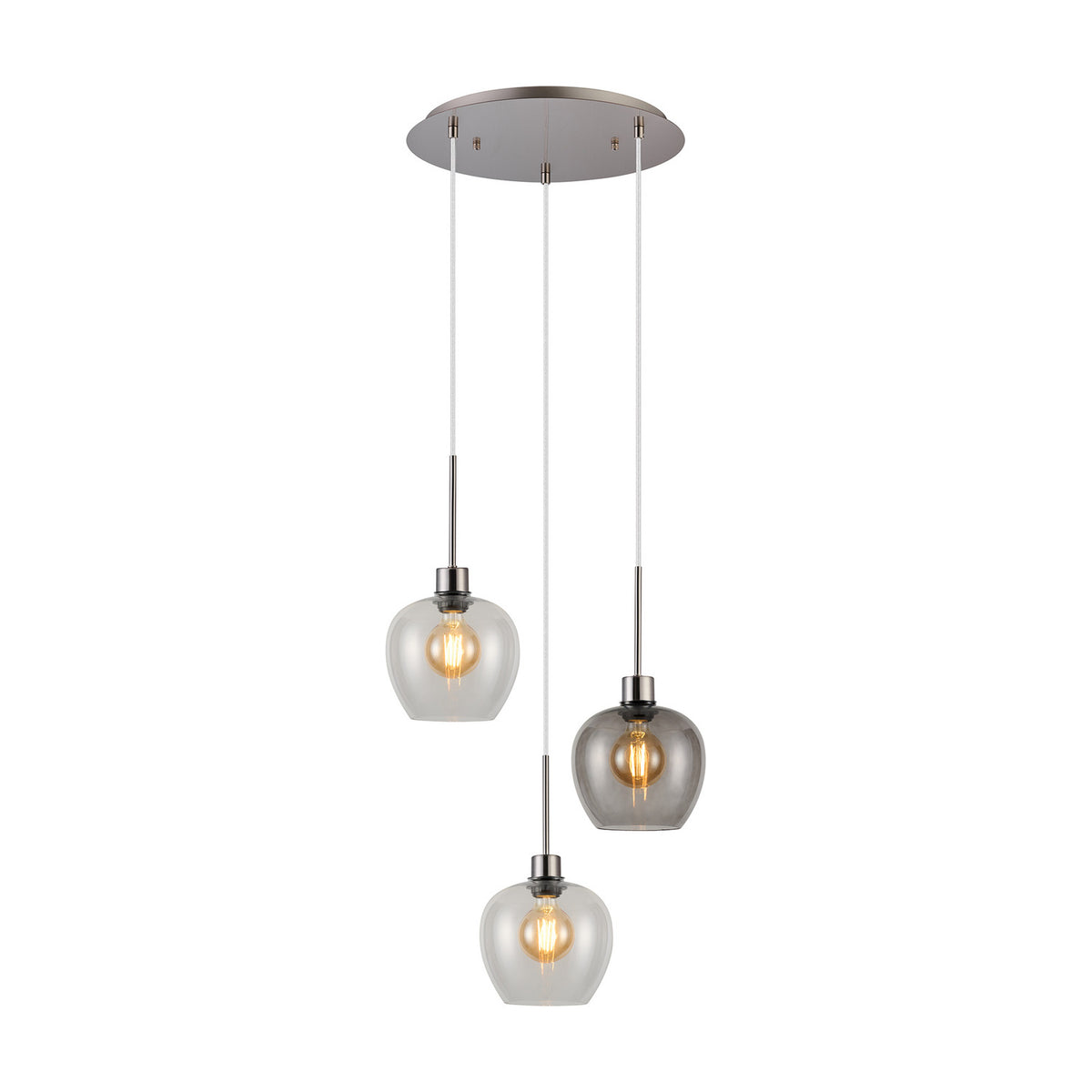 Lori 3 Light E27 pendant with round satin nickel ceiling plate and three clear/smoke glass wine-shaped shades at staggered drop heights, on a white background.