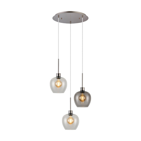 Lori 3 Light E27 pendant with round satin nickel ceiling plate and three clear/smoke glass wine-shaped shades at staggered drop heights, on a white background.