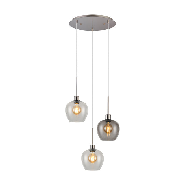 Lori 3 Light E27 pendant with round satin nickel ceiling plate and three clear/smoke glass wine-shaped shades at staggered drop heights, on a white background.