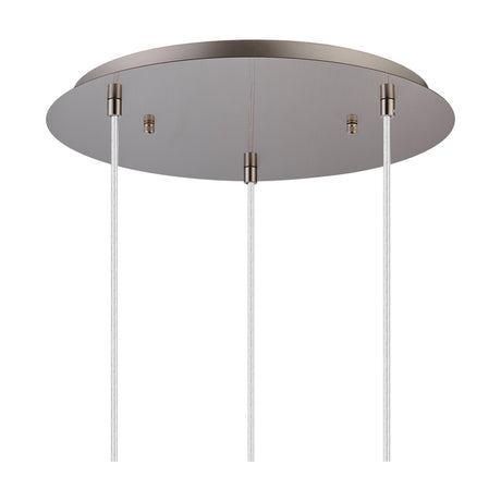Lori 3 Light E27 Pendant ceiling plate in satin nickel, 40cm round, with three white cable drops and cable grips, shown on a plain white background.