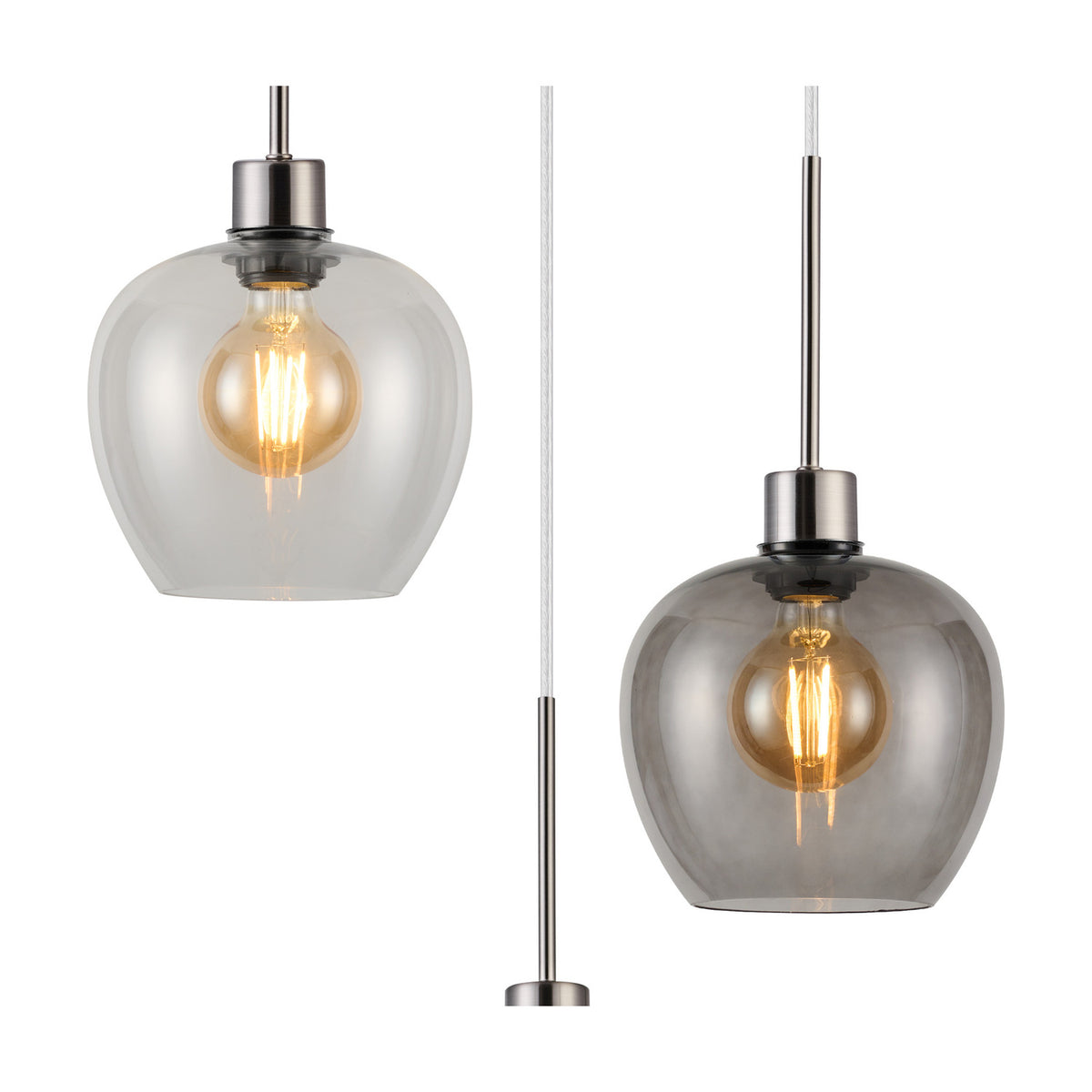 Lori pendant light details: clear and smoke wine-shaped glass shades with visible amber bulbs, satin nickel fittings and cord, shown against a plain white background.