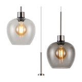 Lori pendant light details: clear and smoke wine-shaped glass shades with visible amber bulbs, satin nickel fittings and cord, shown against a plain white background.