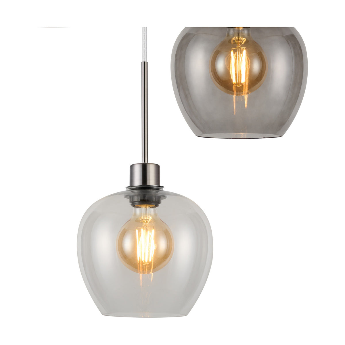 Lori pendant light with satin nickel fitting and rounded clear/smoke glass shade housing an E27 globe bulb, shown against a plain white background.