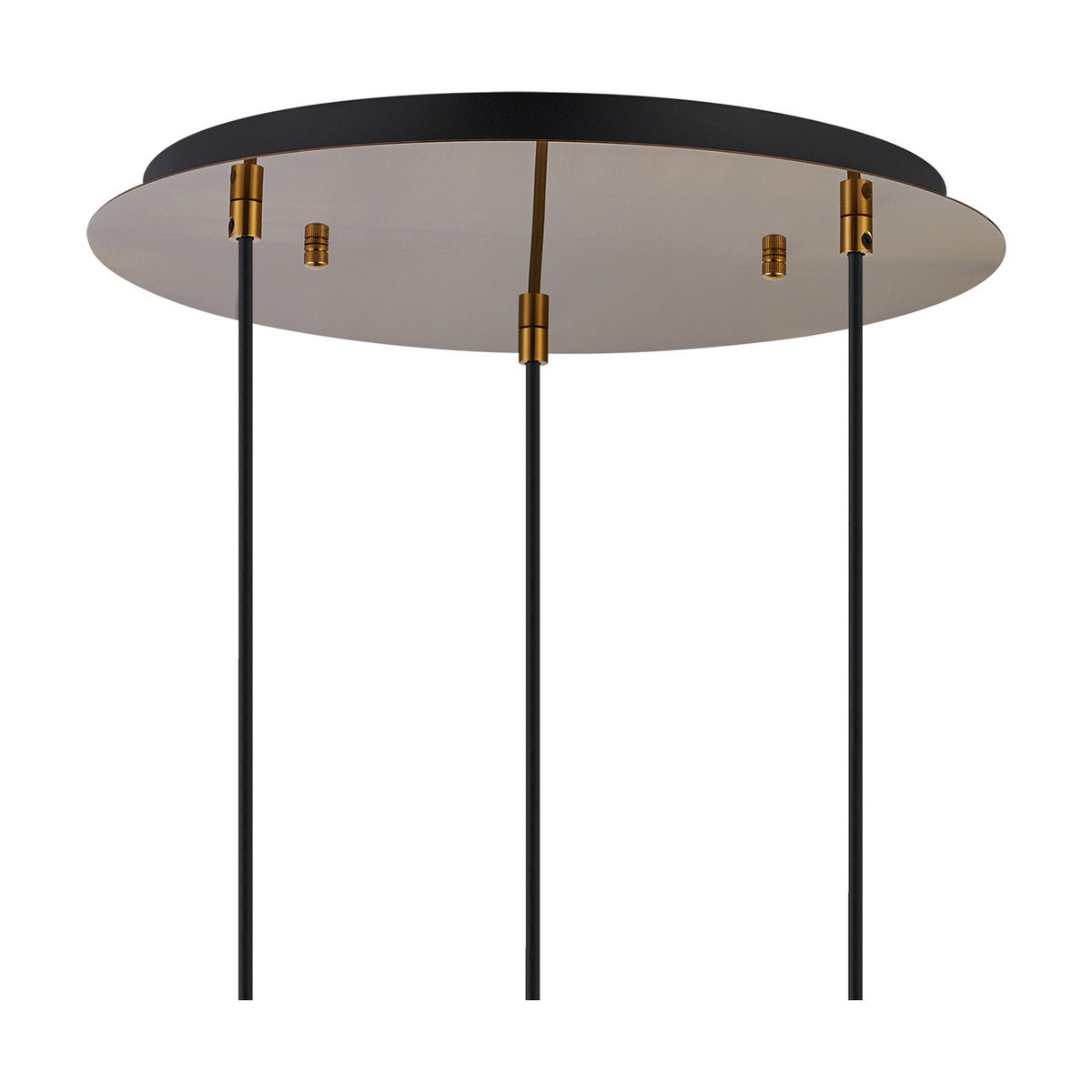 Round satin nickel ceiling plate for a 3-light pendant, 40cm, with three black cables and brass connectors suspending diamond-cut shades in amber, chrome and opal, on a white background.