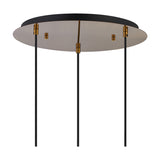 Round satin nickel ceiling plate for a 3-light pendant, 40cm, with three black cables and brass connectors suspending diamond-cut shades in amber, chrome and opal, on a white background.