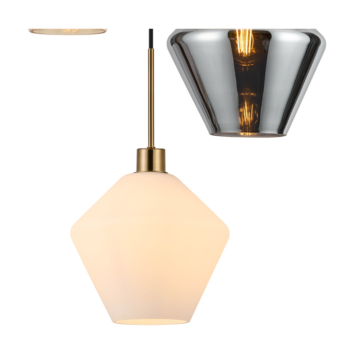 Single opal glass diamond-cut pendant shade in white with brass stem and fitting, shown lit against a plain background, part of the 3 Light Pendant Amber/Chrome/Opal set.