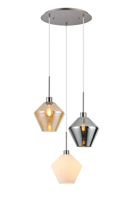 3 Light Pendant Amber 40cm - Satin Nickel & Amber/Chrome/Opal