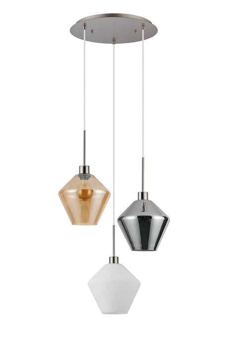 3 Light Pendant Amber 40cm - Satin Nickel & Amber/Chrome/Opal