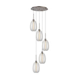 Lori 5 Light Trapezium Clear Pendant Light 45cm in Satin Nickel, with clear glass shades at staggered drop heights on cables from a round ceiling plate, shown on a plain white background.