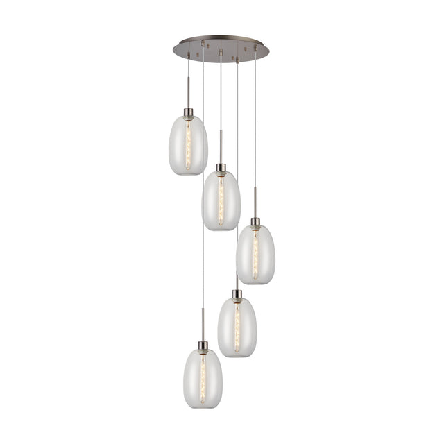 Lori 5 Light Trapezium Clear Pendant Light 45cm in Satin Nickel, with clear glass shades at staggered drop heights on cables from a round ceiling plate, shown on a plain white background.